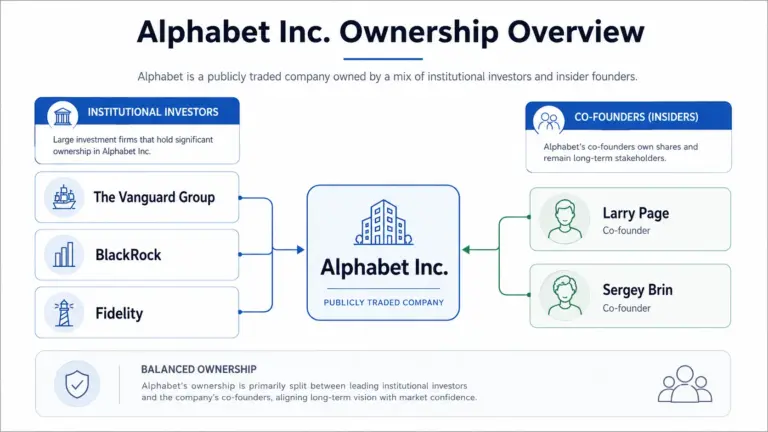 Alphabet Inc. ownership overview infographic showing institutional investors like The Vanguard Group, BlackRock, and Fidelity, along with co-founders Larry Page and Sergey Brin, connected to Alphabet Inc. as a publicly traded company.