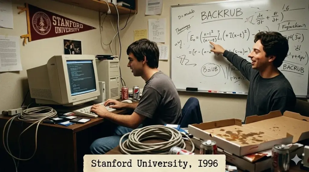 Larry Page and Sergey Brin caricatures in a college dorm room