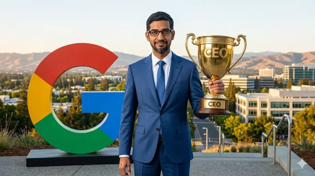google CEO sunder Pichai holding a golden trophy labeled CEO Silicon Valley skyline