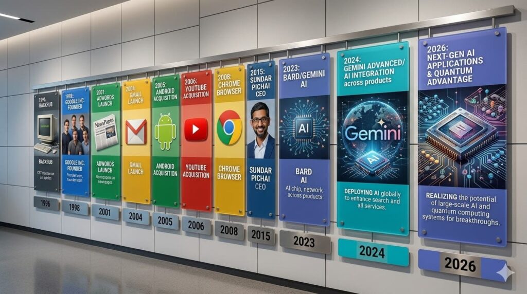 timeline graphic showing key Google milestones from 1996 to 2026