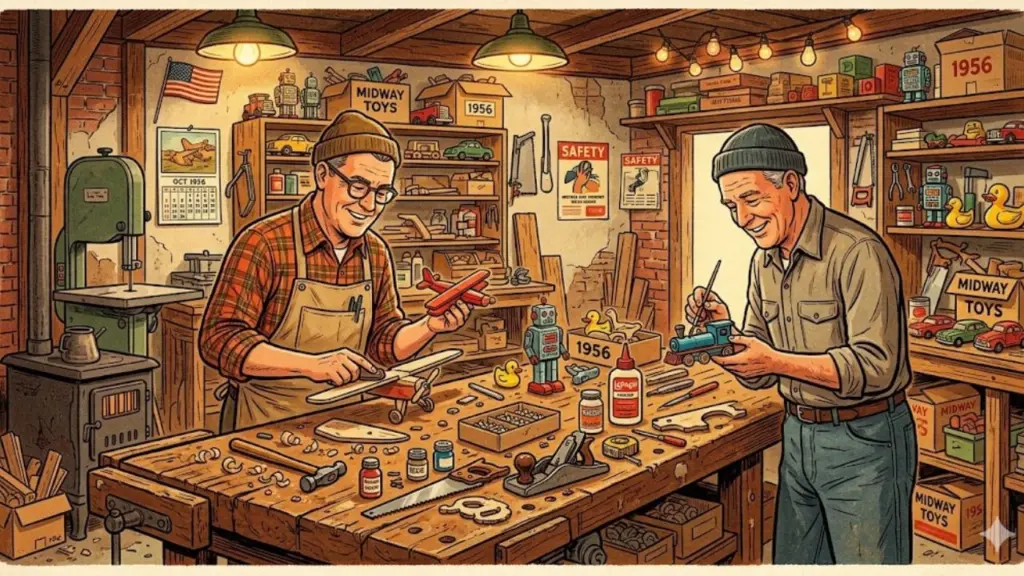 1950s toy workshop with two men building small toys