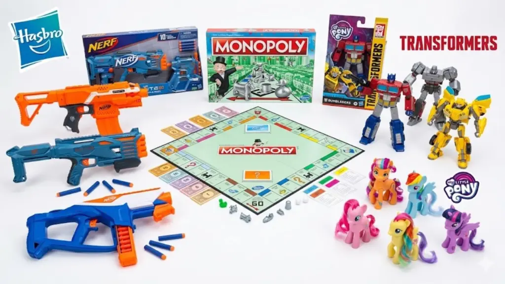 A Shot of Hasbro's iconic Monopoly board game, Nerf blasters