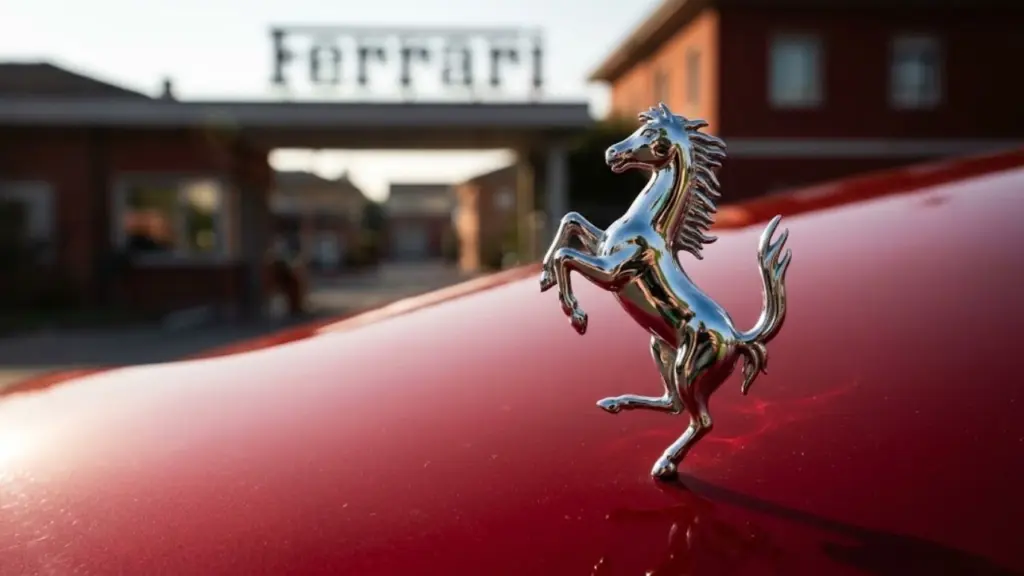 A close-up of the iconic Ferrari Prancing Horse logo on a deep red Ferrari hood