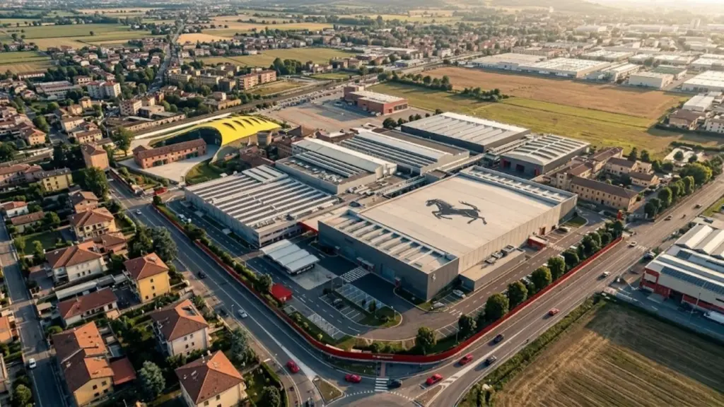 An aerial drone shot of the Ferrari factory and museum complex in Maranello, Italy