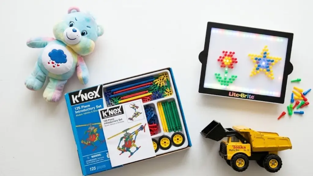 Care Bears plush, K'NEX set, Lite-Brite board, Tonka mini truck