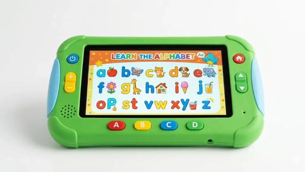 Green educational tablet toy for children with bright colorful screen