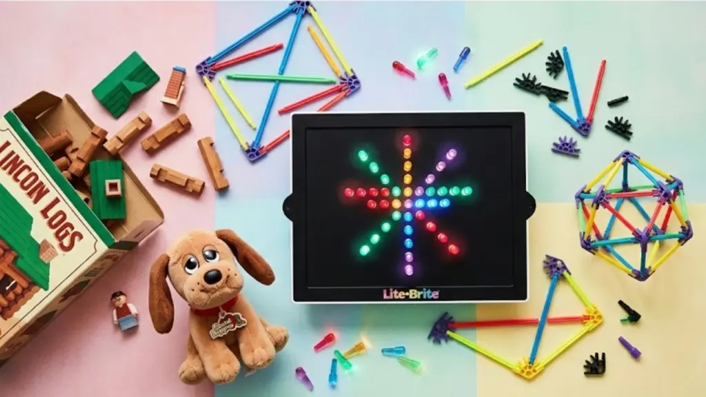 Lite-Brite glowing pegs, K'NEX rods, Lincoln Logs, Pound Puppies plush