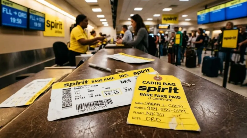 Detail shot on a check-in counter. A yellow carry-on bag tag with a string ("CABIN BAG" and "spirit" logos). A printed boarding pass for "SARAH L. CHEN" for flight NK311 from FLL to ORD. Spirit check-in counter and screens are in the background (out of focus).