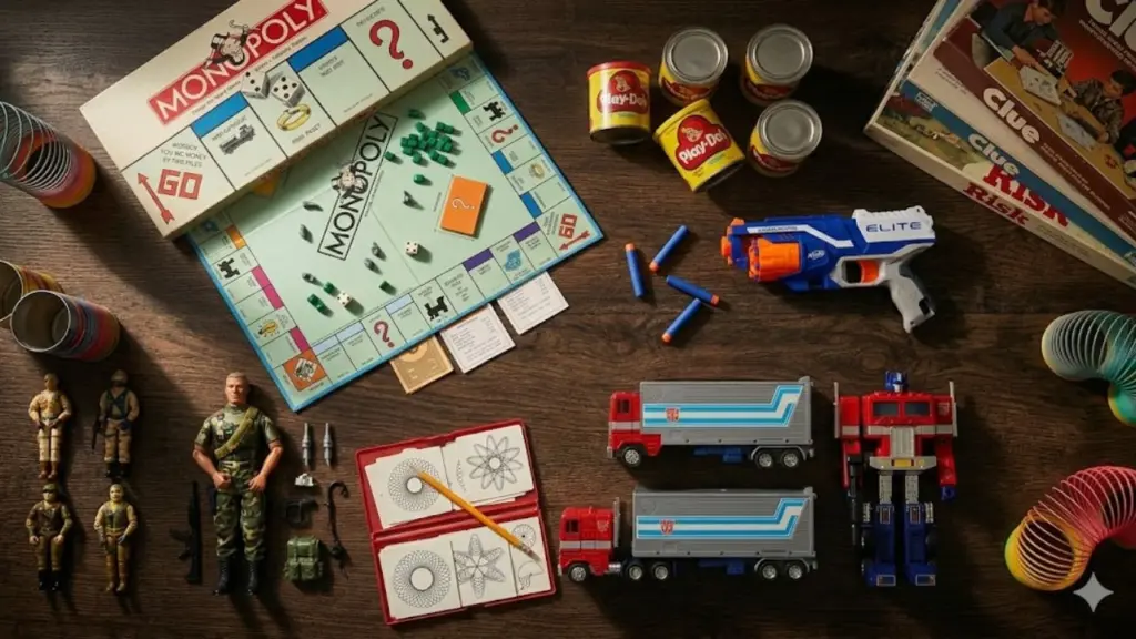 Photorealistic flat-lay of classic Hasbro toys