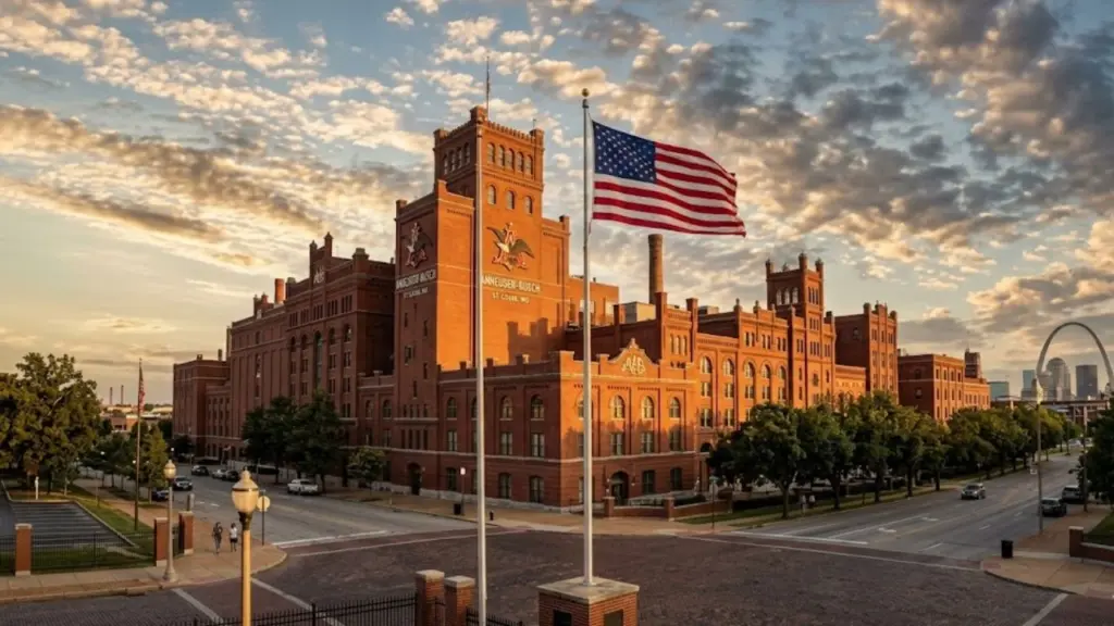 Photorealistic wide-angle shot of the iconic Anheuser-Busch brewery complex in St. Louis, Missouri