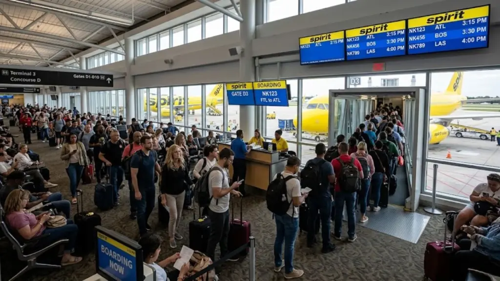 An interior photo of a busy airport terminal gate. A long line of passengers is waiting to board through a jetbridge. The counter has Spirit Airlines branding. Large screens show flight times for different Spirit flights (NK123 to ATL, etc.). Natural light.