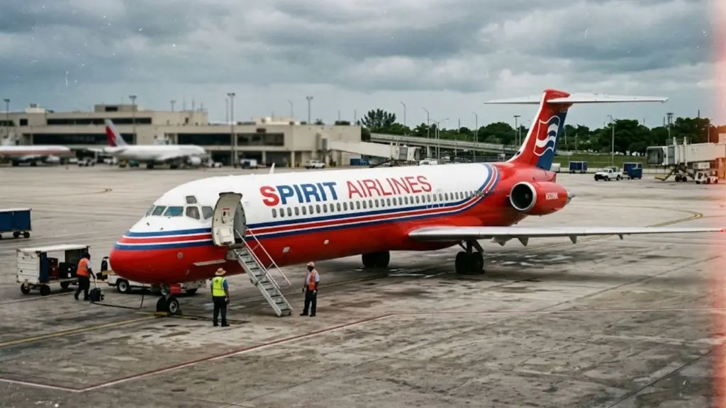 Spirit Airlines MD-80 series aircraft on the ramp. This is the older livery: predominantly red, with "SPIRIT AIRLINES" in red text on a white strip. A ground crew and stairs are visible. Overcast sky. Historic/legacy livery.