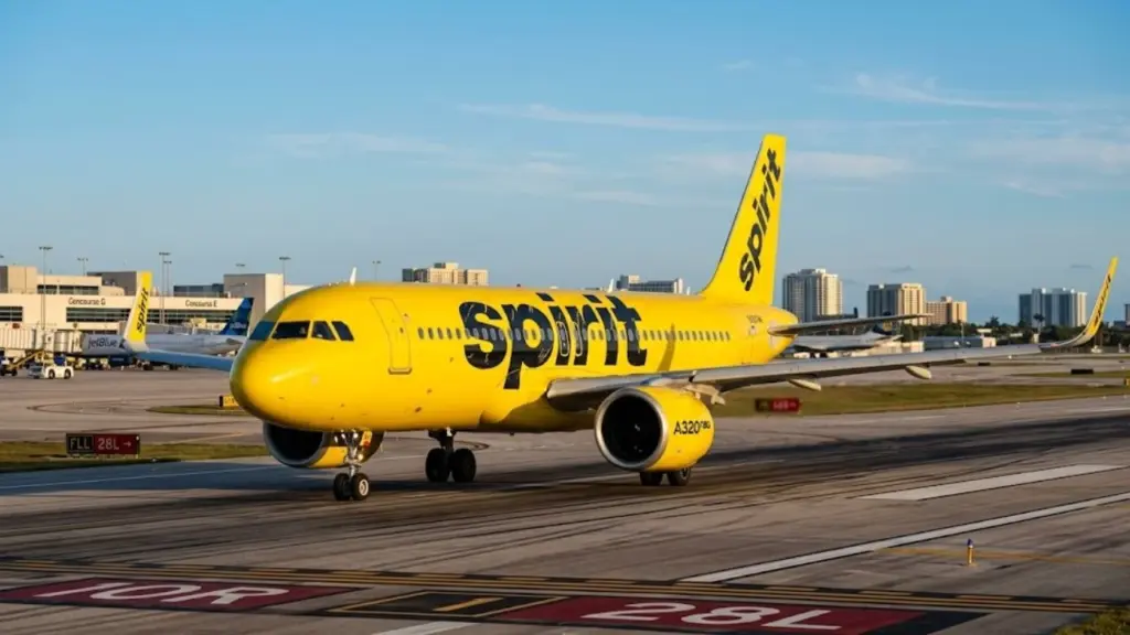 Front-right, three-quarter view of a Spirit Airlines A320. Taxiing on a runway. Terminal building with concourses and a "jetblue" plane in the background. Sunny day. Bold black "spirit" text.