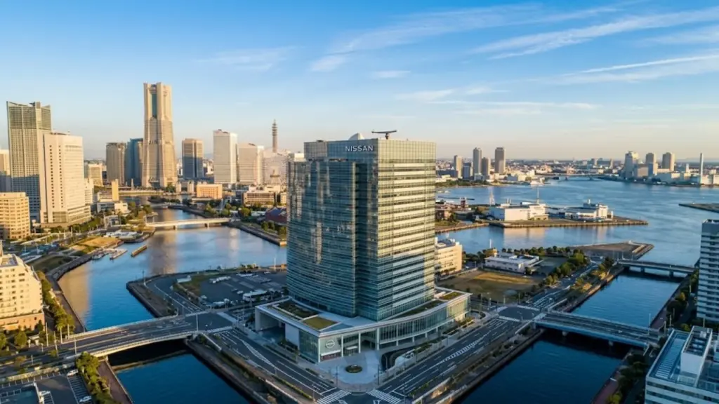 Wide-angle aerial view of Nissan's global headquarters in Yokohama, Japan
