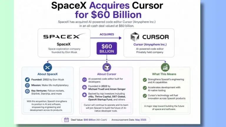 SpaceX acquires Cursor for $60 billion infographic showing SpaceX buying Anysphere Inc., the company behind Cursor, in an all-stock deal, with key details about SpaceX, Cursor, and the expected impact of the acquisition.