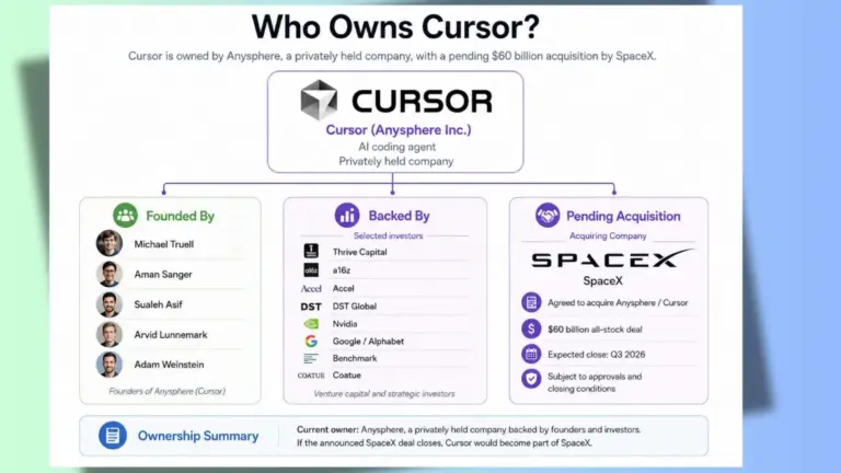 Who Owns Cursor infographic showing Cursor as owned by Anysphere Inc., a privately held AI coding company, with its founders, venture capital investors, and SpaceX shown as the pending acquiring company in a $60 billion deal.